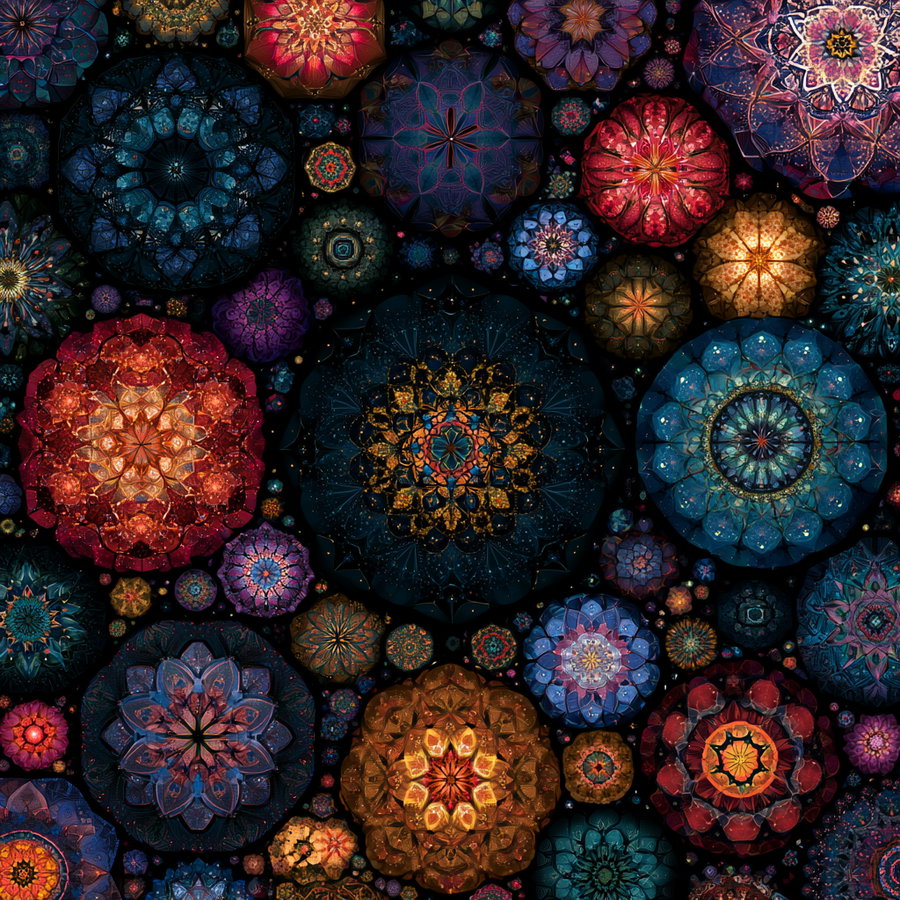 A multitude of intricate mandala patterns with glowing colors including blues, purples, reds, oranges, and golds on a dark background.