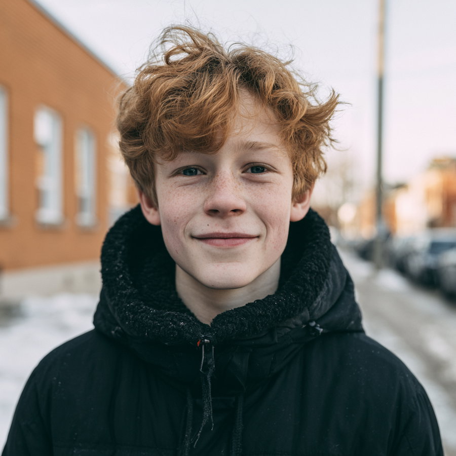 young man with curly red hair wearing a black winter coat standing outside on a snowy street with buildings and parked cars in the background
