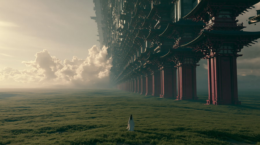 A vast green grassland under a cloudy sky with a single person in white walking toward an impossibly long and tall row of repeating traditional architectural structures extending into the horizon