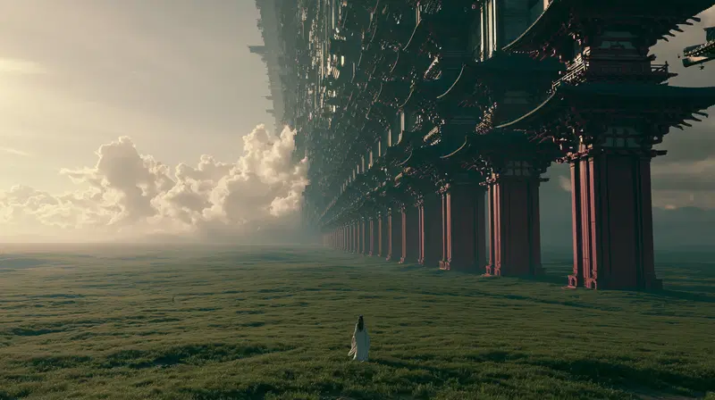 A surreal endless traditional architectural structure emerging over a vast grassland