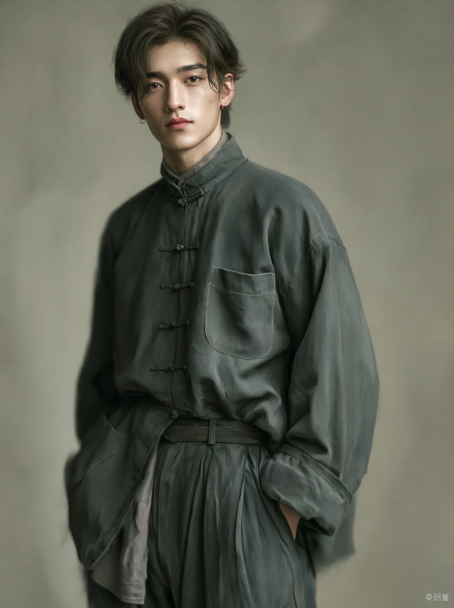 A portrait of a young man with tousled dark hair and earrings, dressed in a traditional dark grey loose shirt with frog buttons and matching pants, standing against a plain neutral background