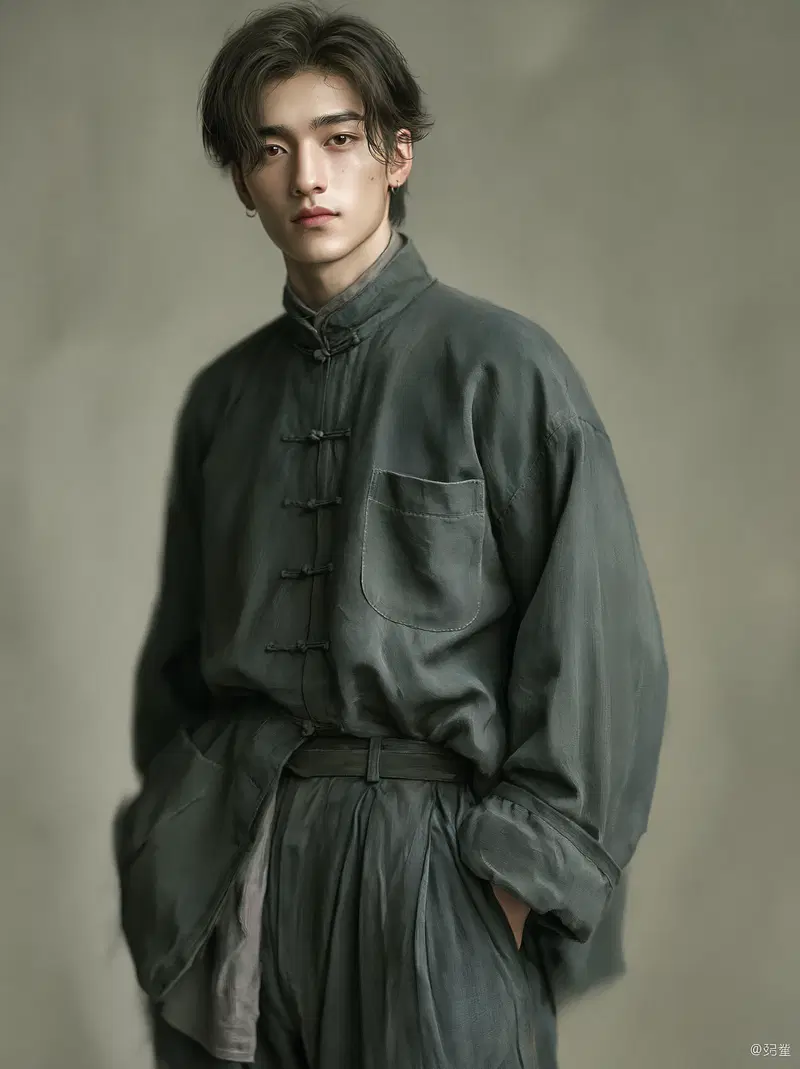 Stylish young man wearing traditional loose dark clothing with hands in pockets