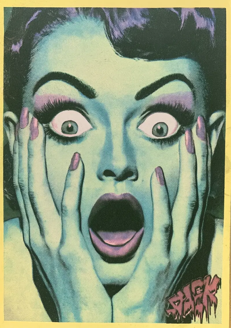 Vintage style pop art woman in shock with dark aesthetic colors