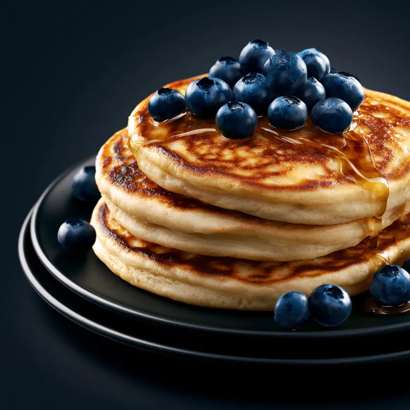 Close-up of fluffy pancakes topped with fresh blueberries and honey