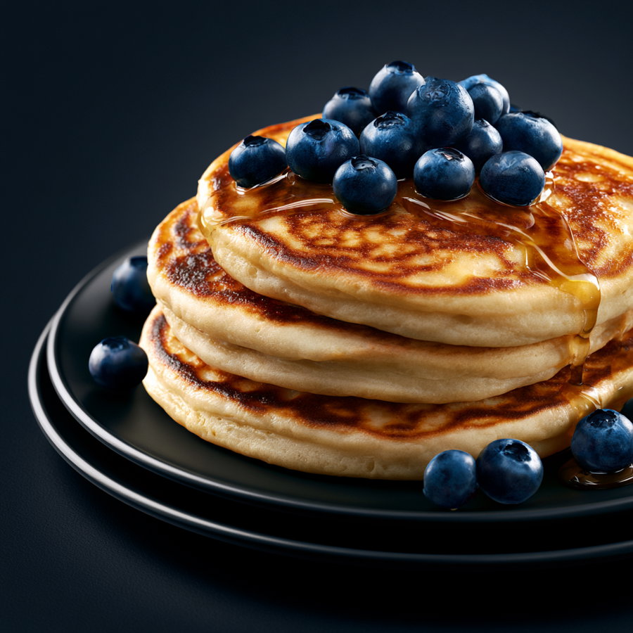 Stack of three golden-brown pancakes on a black plate, topped with fresh blueberries and drizzled with honey