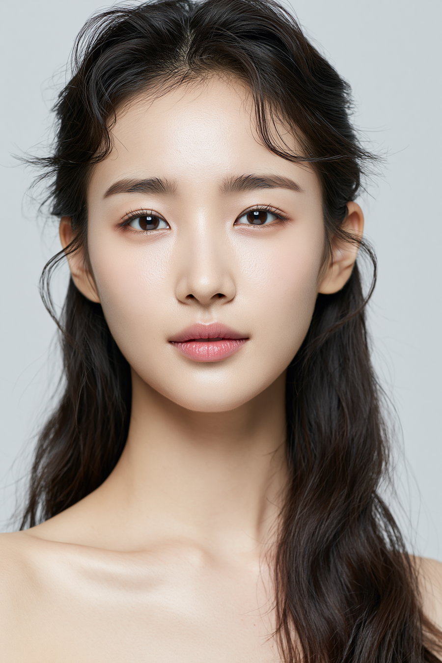 A young woman with smooth skin, dark long hair, natural makeup, and a neutral expression against a plain light gray background