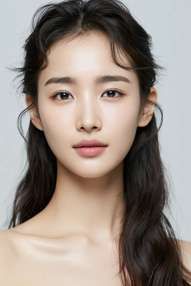 Close-up portrait of a young woman with natural makeup and flowing hair
