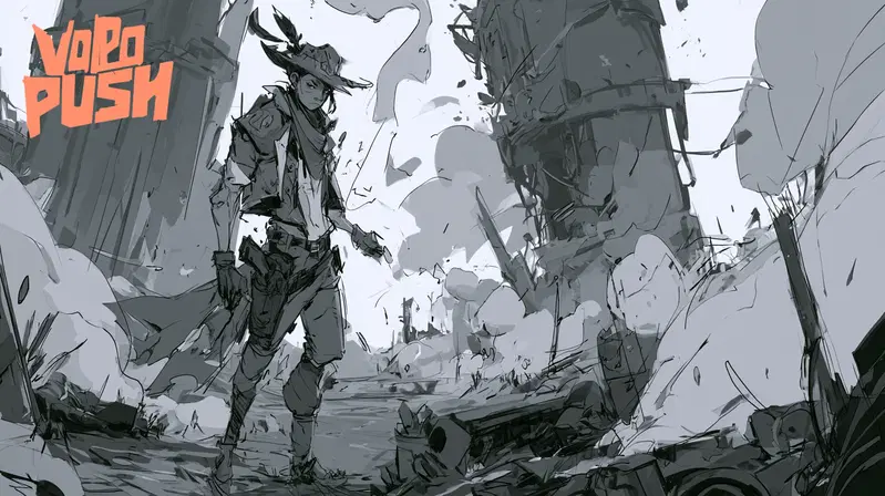 Monochrome fantasy character in a post-apocalyptic ruined landscape