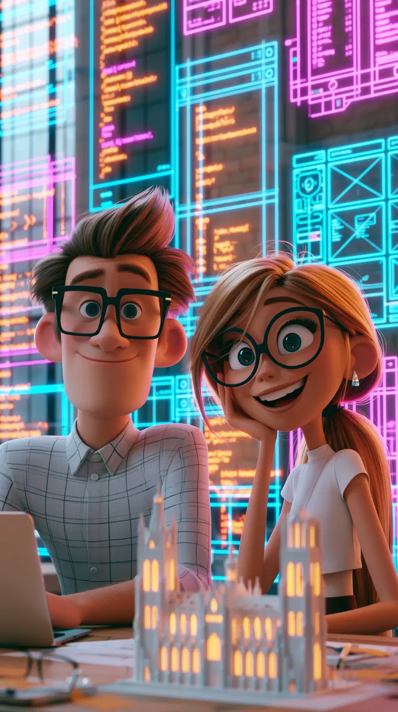 Animated young designers working on a digital project with glowing UI overlays