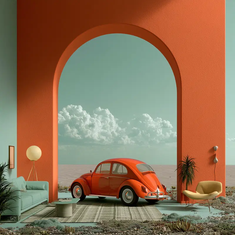 Surreal interior with vintage orange car merging into outdoor seascape