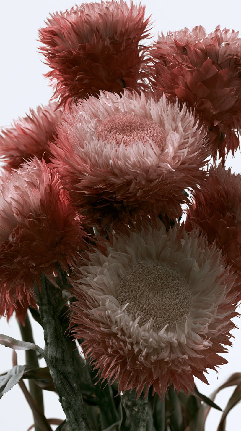 A close-up photograph of several strawflowers with textured petals in shades of pink and white, set against a plain white background