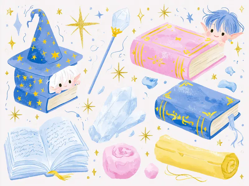 Whimsical illustration of magical books, crystals, and charming characters