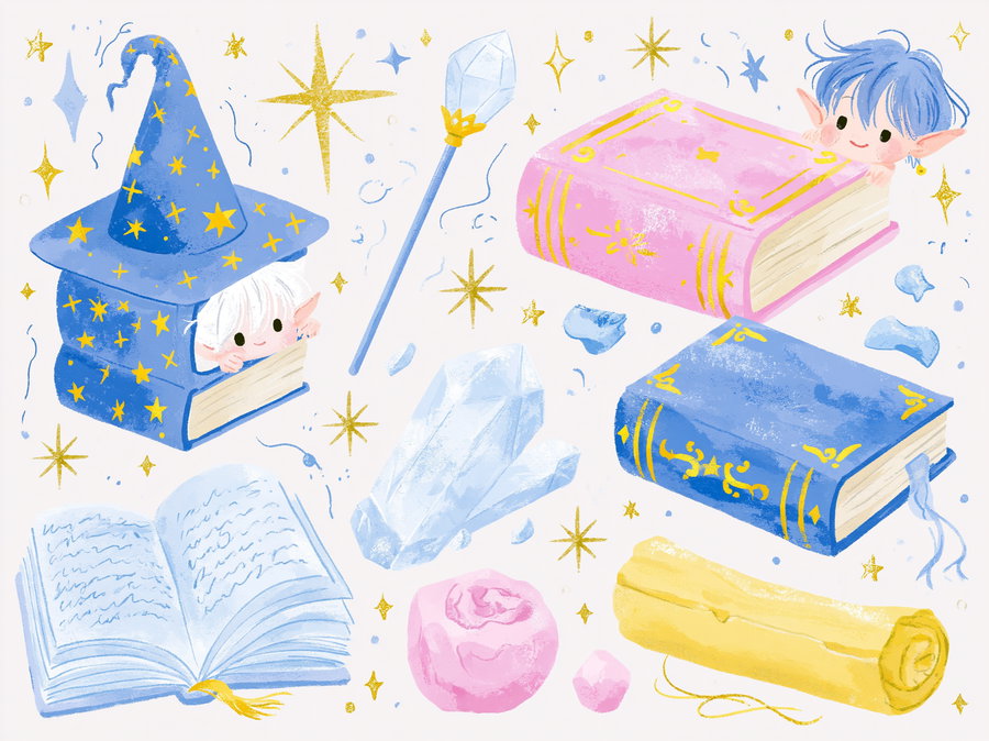 An illustration featuring two small elf-like characters peeking out of colorful magical books, alongside a wizard hat, a magical staff, various crystals, an open book with writing, and a rolled-up scroll, all surrounded by golden star sparkles on a light background.