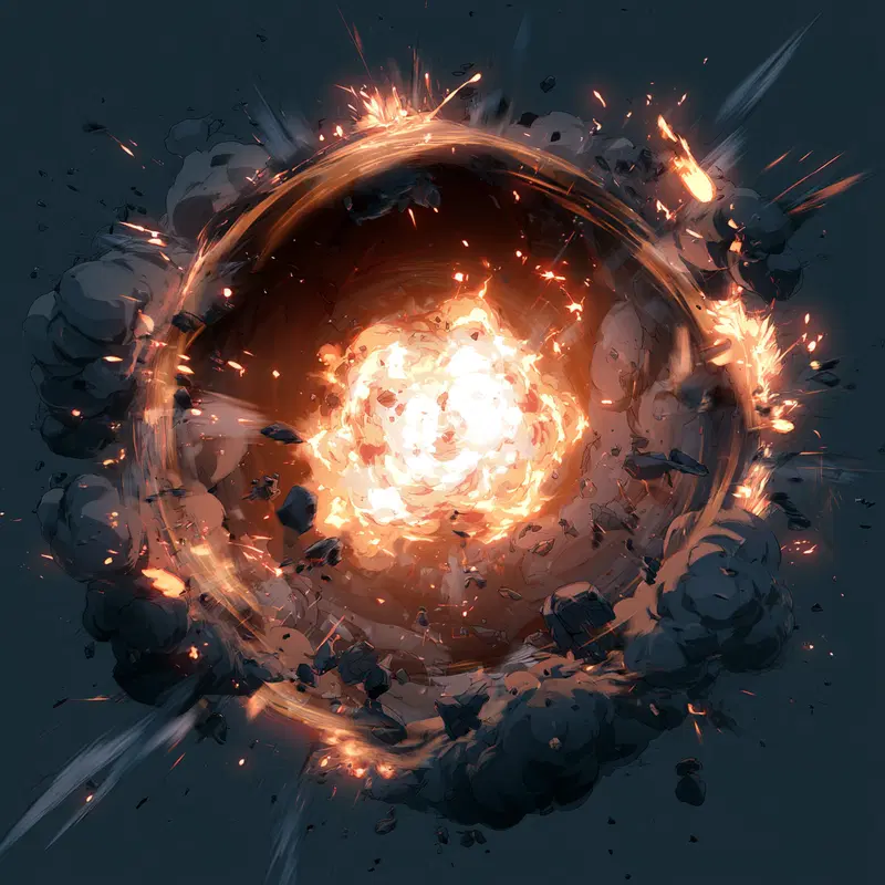 Dynamic explosion with fiery core and debris flying in dark space