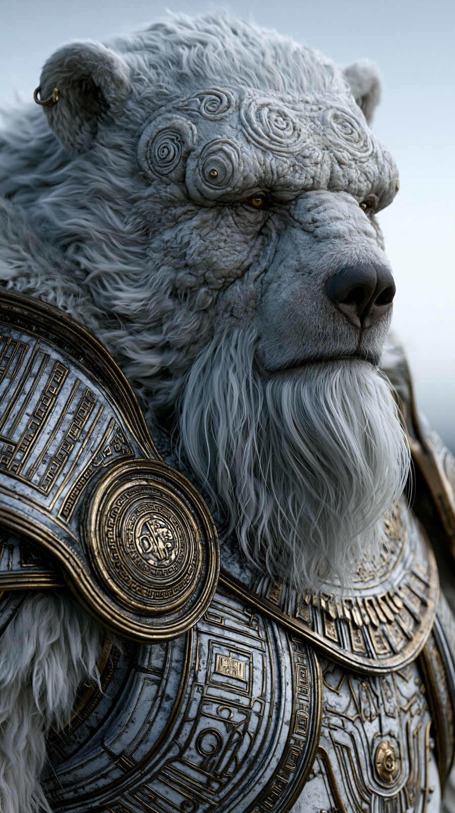 A close-up portrait of a majestic white bear-like mythical creature with spiral patterns on its head and a long beard, adorned in detailed golden and silver armor with ancient symbols.