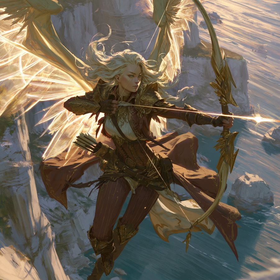 A fantasy artwork of a blonde woman with translucent glowing wings, wearing ornate golden armor, holding a bow and drawing an arrow, flying above a rocky coastline with cliffs and water below