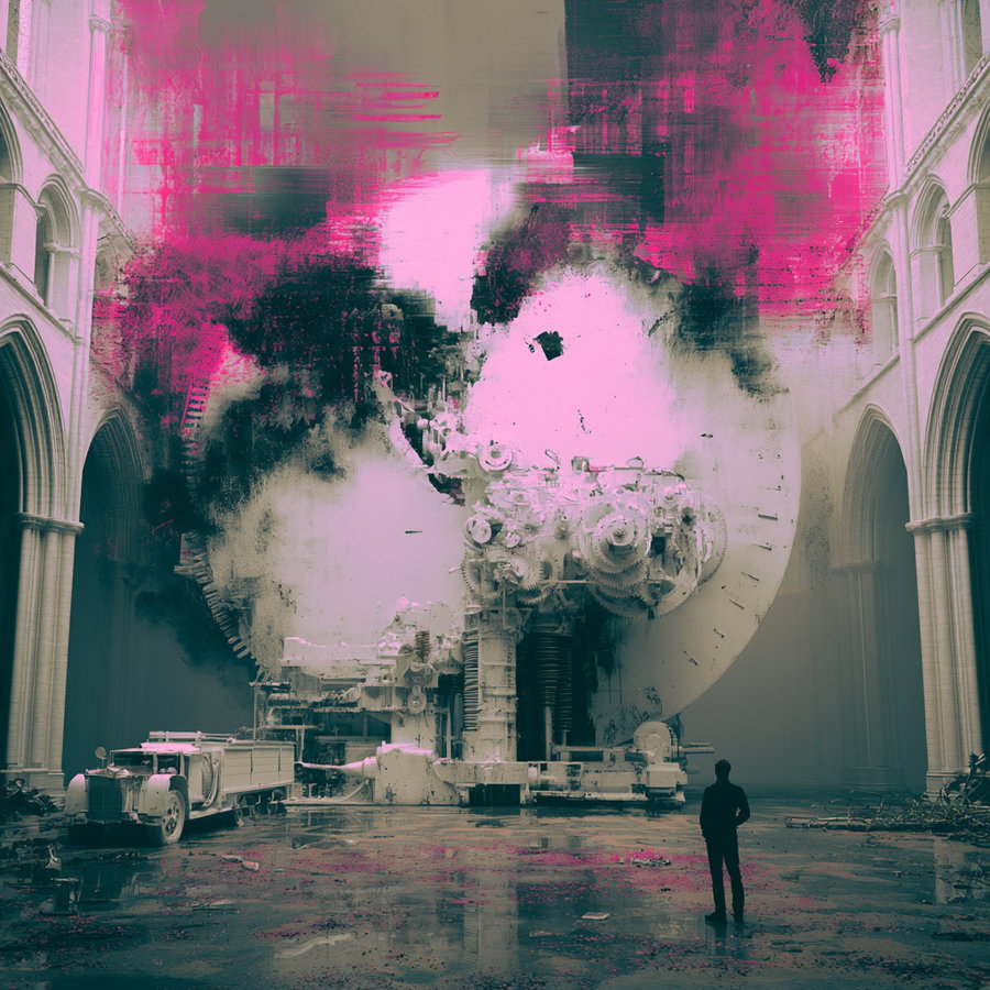 A large, intricate mechanical structure inside a grand cathedral with tall arches, featuring gears and machinery, with a single person standing and looking at it, and pink smoke or mist around the upper part of the structure.