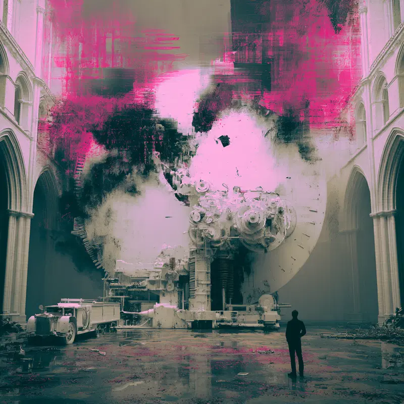Surreal giant mechanical structure inside a cathedral with a lone figure