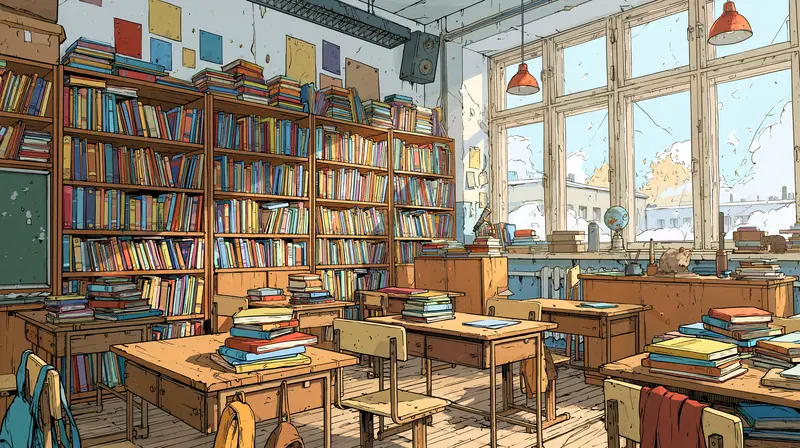 Cozy sunlit classroom filled with books and wooden desks in a vintage style