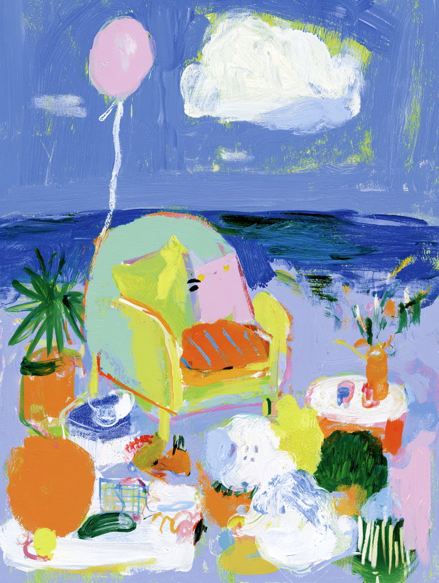 Abstract artwork with a green armchair, a pink balloon floating, assorted objects including plants and a small table, set against a blue background resembling a sea and sky with a cloud