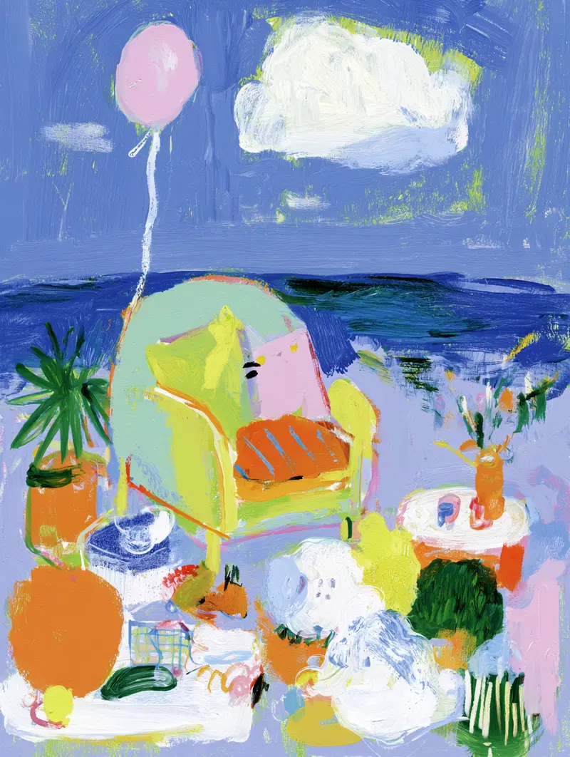Colorful abstract painting of an outdoor setting by the sea with chair and balloon