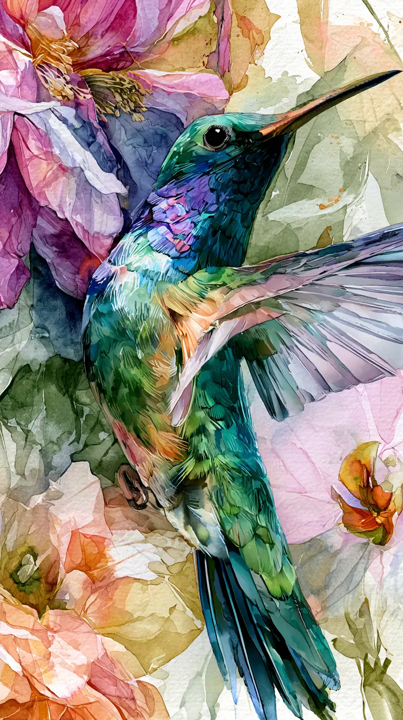 Vibrant watercolor painting of a hummingbird among colorful flowers