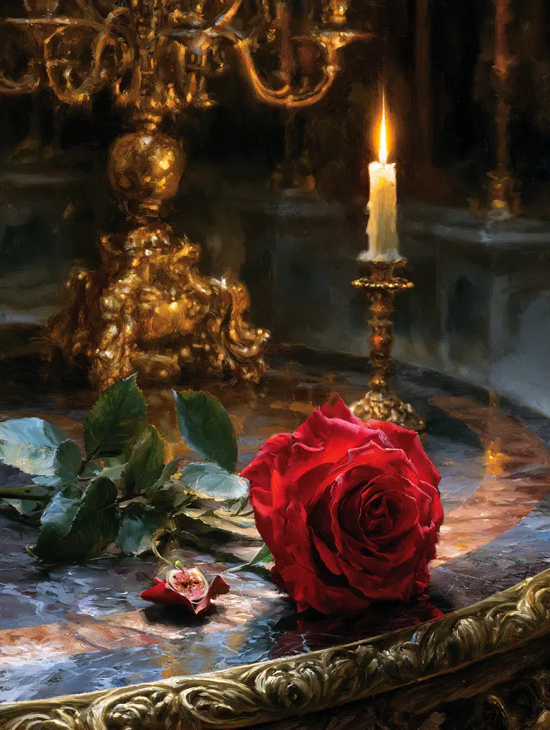 A red rose and a lit candle on an ornate table with gold accents