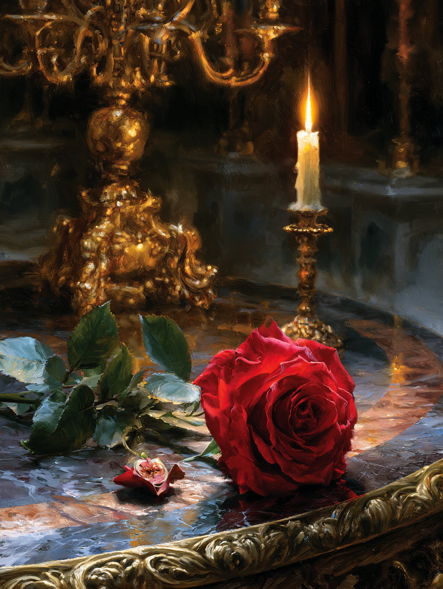 A close-up view of a large red rose lying on a marbled ornate table with green leaves, next to a burning white candle in a detailed gold candle holder, with intricate golden decorative elements in the background.