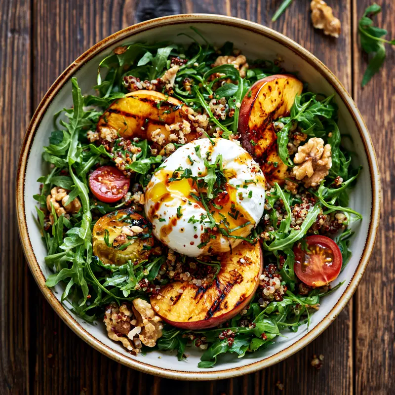 Closeup of fresh salad with grilled peaches, quinoa, arugula and walnuts
