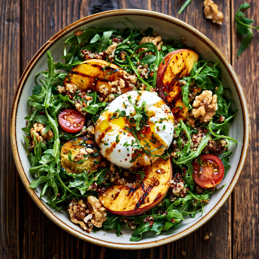 A bowl of salad on a wooden table containing grilled peach slices, cooked quinoa, arugula leaves, walnut halves, cherry tomato halves, and a poached egg topped with herbs and dressing.