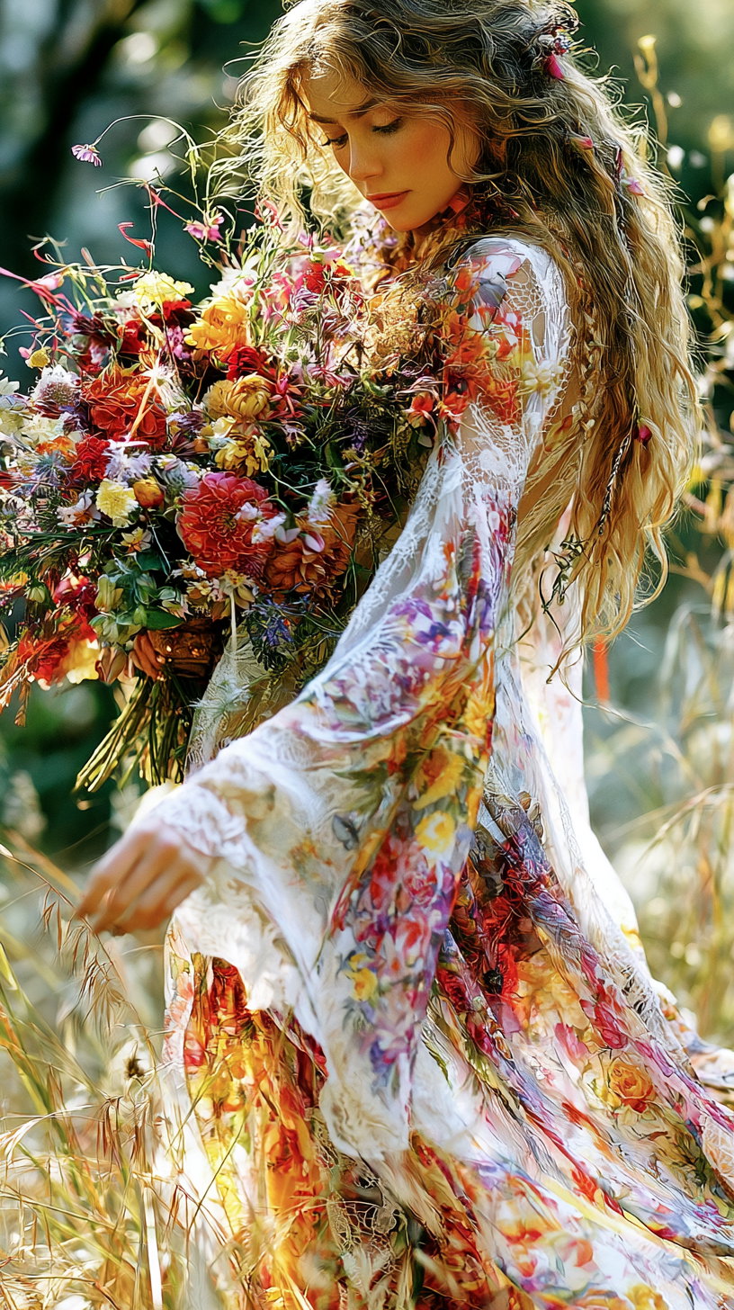 A woman with long wavy hair adorned with small flowers, wearing a white dress covered in colorful floral patterns, holding a large bouquet of mixed flowers and standing outdoors in natural light.