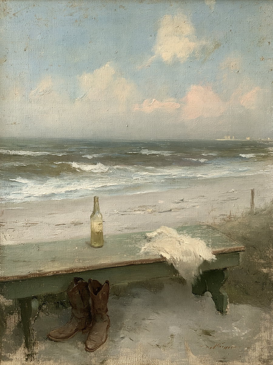 A painting of a calm beach with sea waves under a cloudy sky, a green wooden bench with a bottle and white cloth on top, and a pair of brown boots on the sand below the bench.