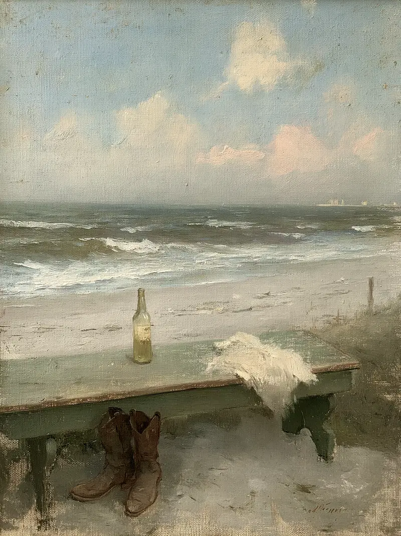Tranquil beach scene with waves, wooden bench, and boots