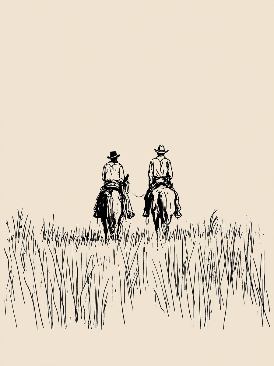 Black and white minimalist line drawing depicting two cowboys wearing hats riding horses away through tall, sparse grass on a plain background.
