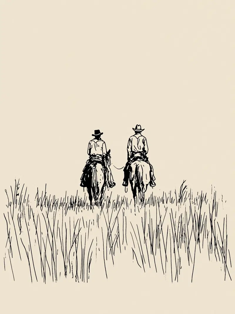 Minimalist line drawing of two cowboys riding horses through tall grass