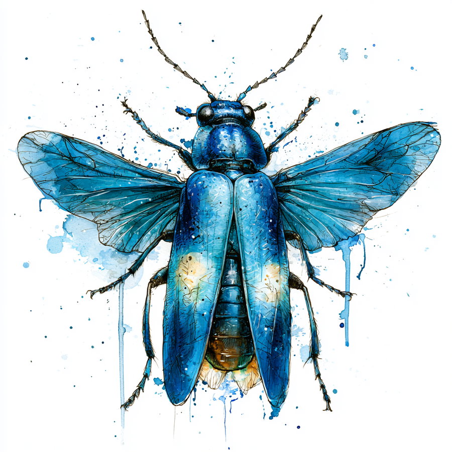 A watercolor and ink artwork of a blue beetle with its wings spread and intricate details on the body and wings, with blue ink splashes around