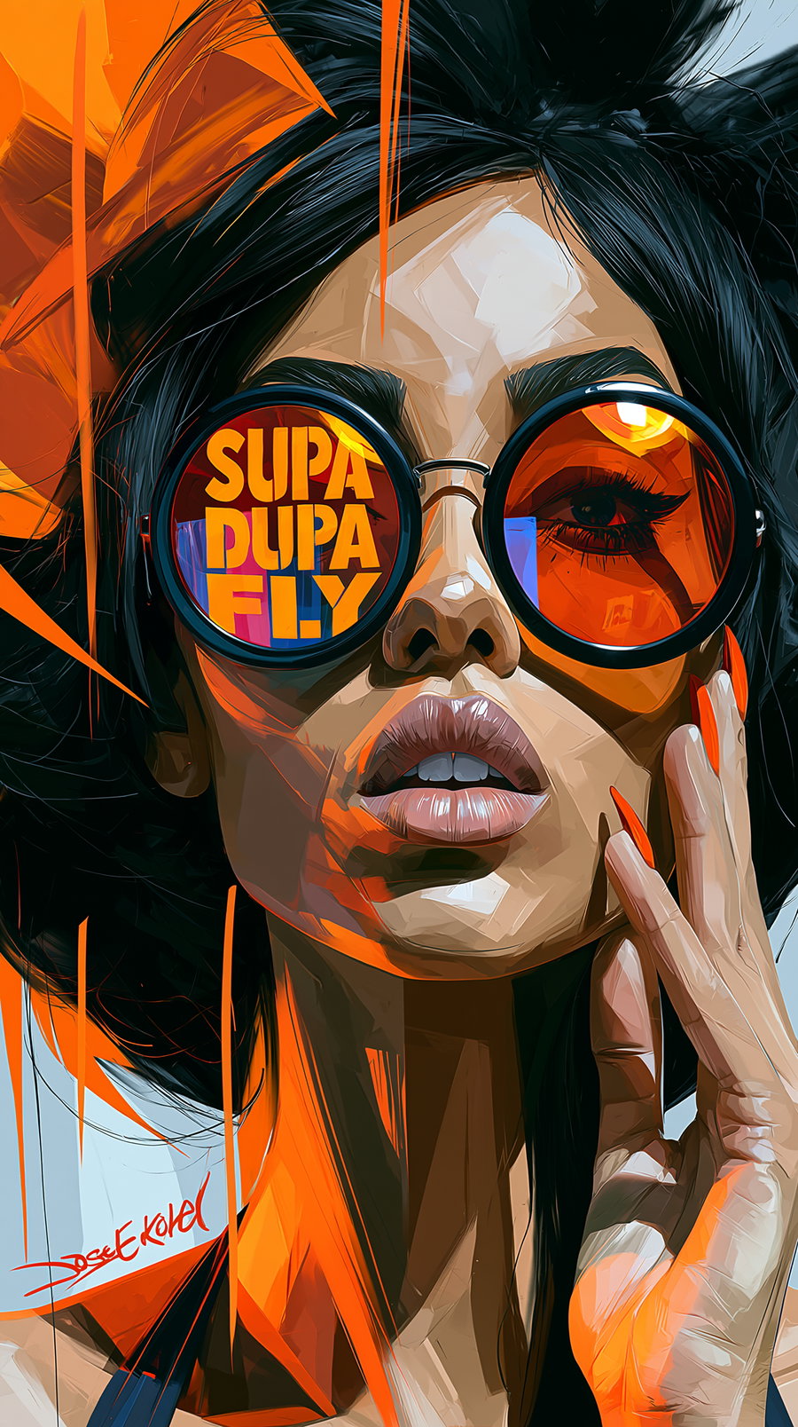 Digital painting of a woman with black hair wearing round orange sunglasses showing the text Supa Dupa Fly, touching her face with long orange-painted nails, and orange abstract elements in the background