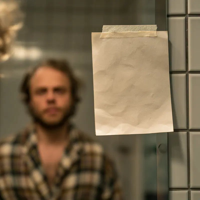 Close-up of a blank note on a mirror with a blurred man in plaid shirt in background