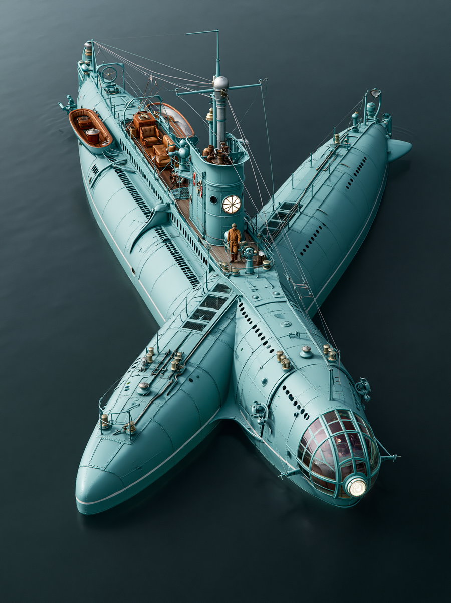 A large, teal-colored submarine with three main cylindrical sections arranged in a triplane style floating on calm, dark water, featuring a glass cockpit, a lifeboat, detailed deck with a figure and various rigging and mechanical components.