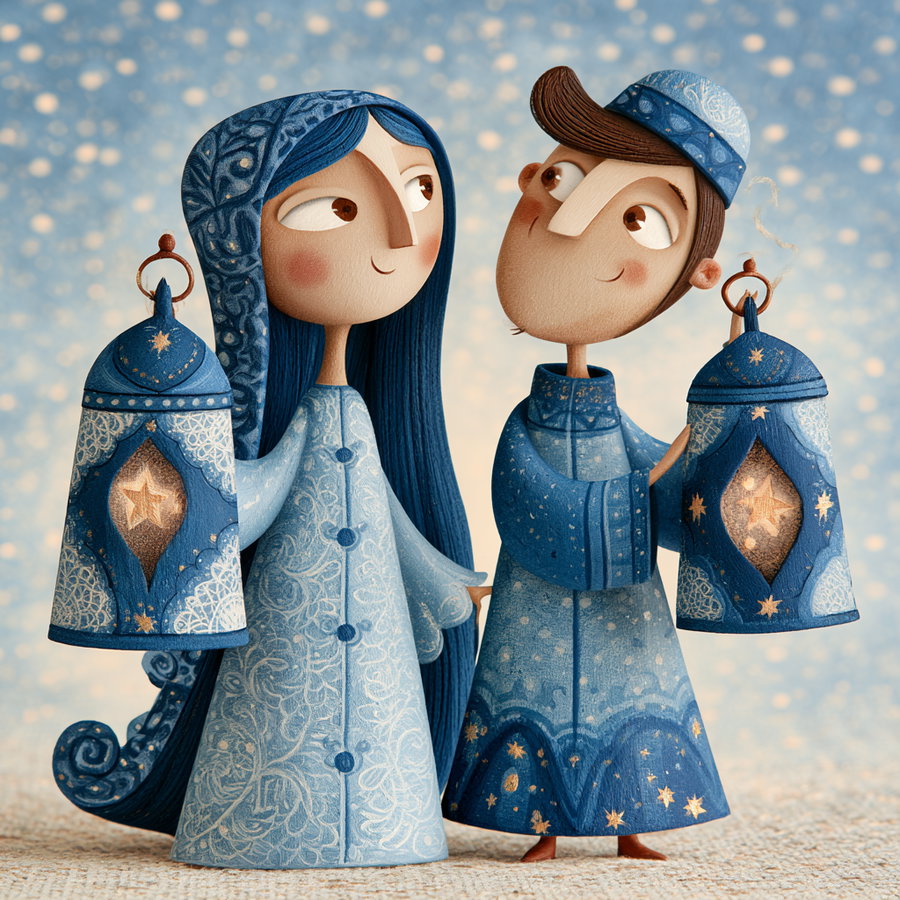 Two stylized figurines dressed in blue patterned robes holding lanterns with star designs, set against a softly blurred background with light bokeh effects.