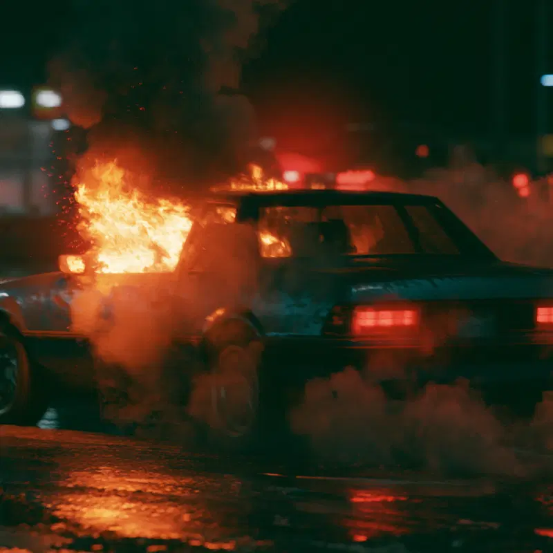 A car engulfed in flames with intense smoke during nighttime in an urban setting