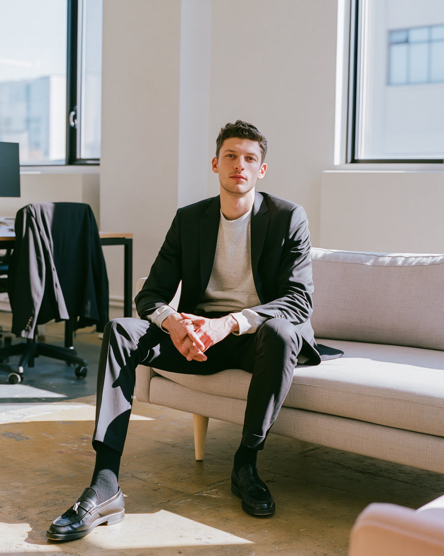 A young man with dark hair wearing a black suit and light gray sweatshirt sitting on a light beige couch inside a brightly lit office with large windows and concrete floor