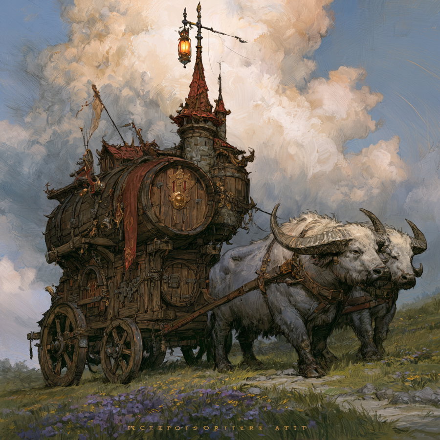 A detailed fantasy carriage made of wood and barrels with a small tower and lamp on top, pulled by two large white horned animals, set on a grassy path with flowers and cloudy sky