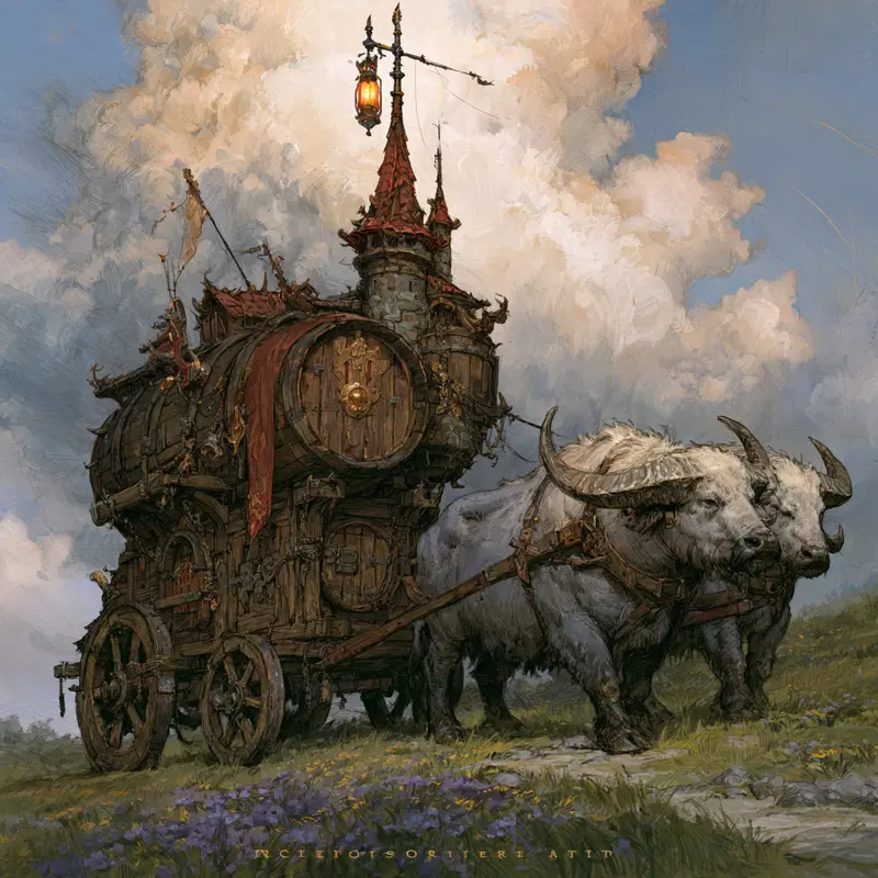 A fantastical wooden carriage drawn by two large horned beasts in a scenic landscape