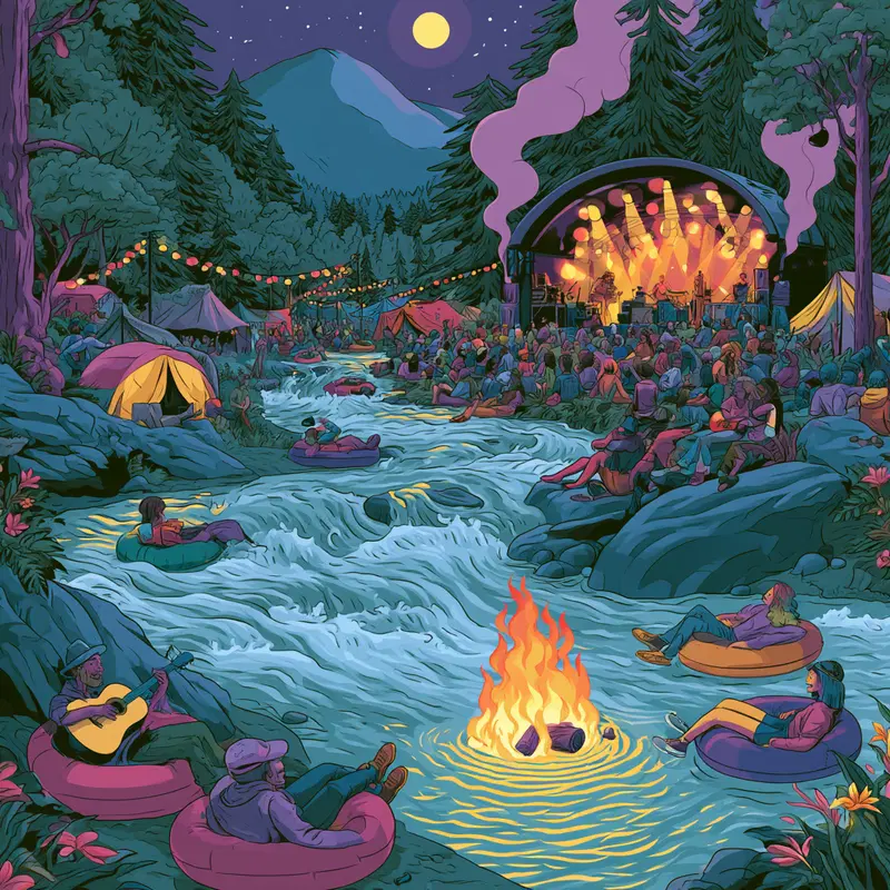 Vibrant night festival by the river with music, campfire, and tents