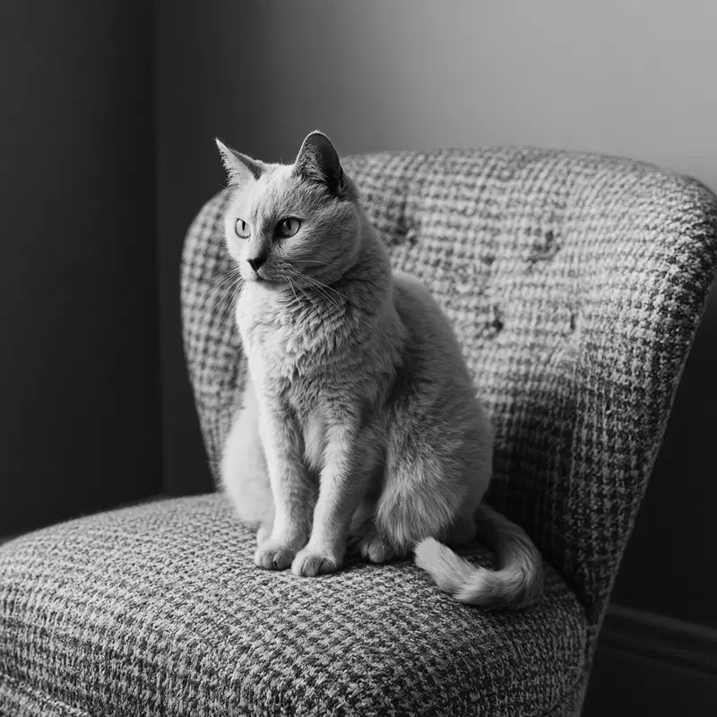 Black and white photo of a cat sitting on a patterned chair indoors
