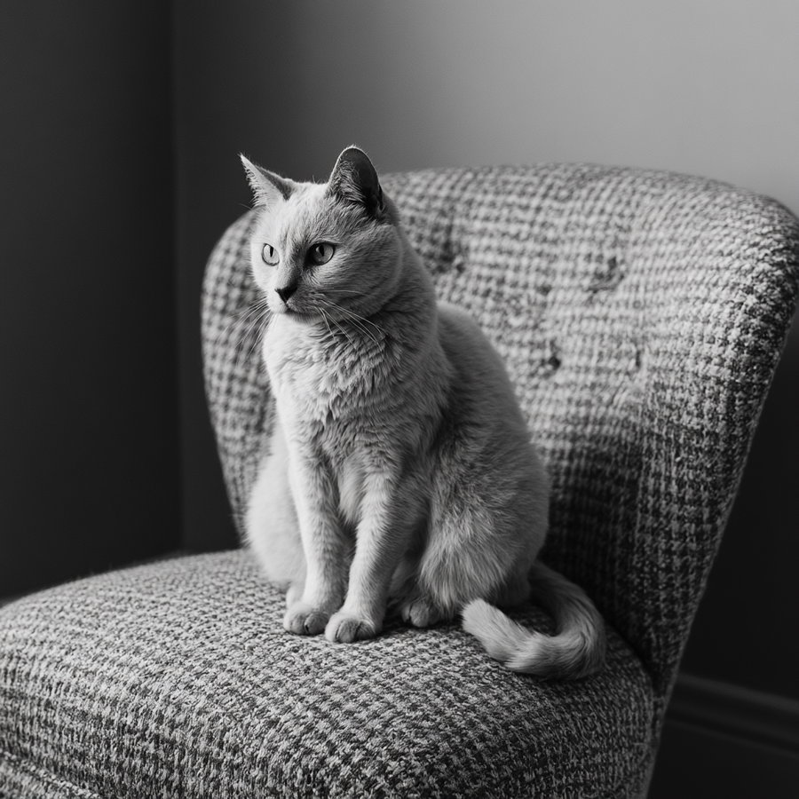 A light-colored cat with alert eyes sitting on a textured, patterned chair in a room with plain walls