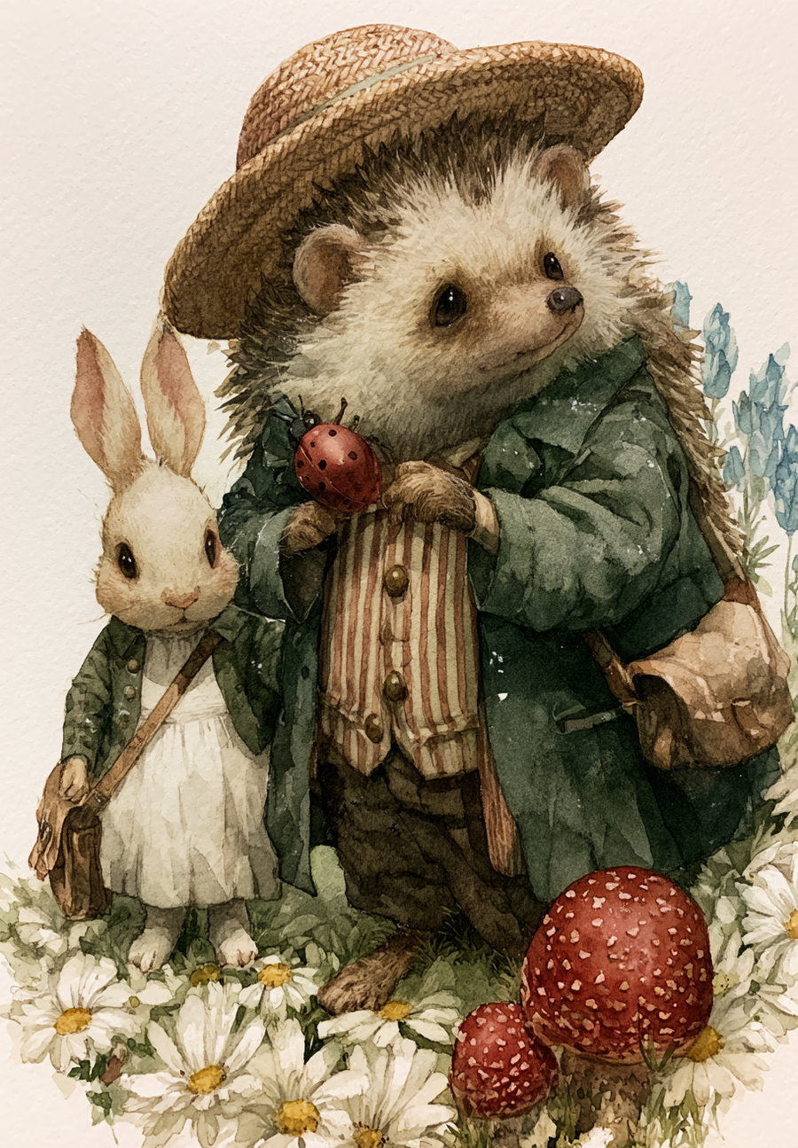 Detailed watercolor painting of a hedgehog wearing a straw hat, striped vest, and green coat holding a ladybug, standing beside a rabbit dressed in a white dress and green jacket, surrounded by daisies and red mushrooms.