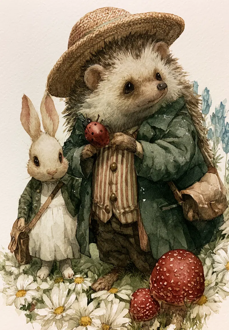 Whimsical illustration of a hedgehog and rabbit in vintage clothing among flowers