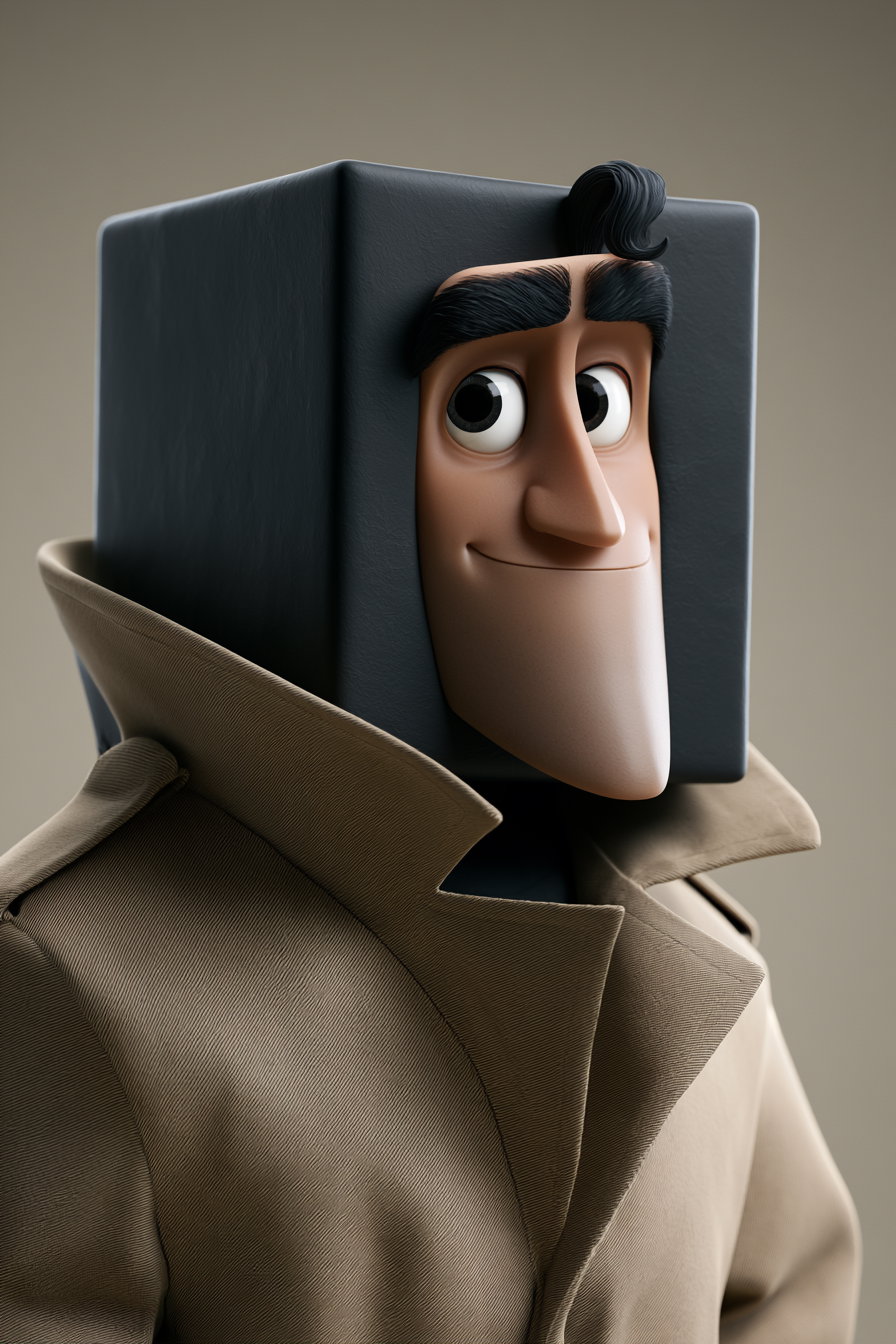 3D rendered character with a large cube as a head, expressive eyes, thick eyebrows, a small smile, and wearing a beige trench coat